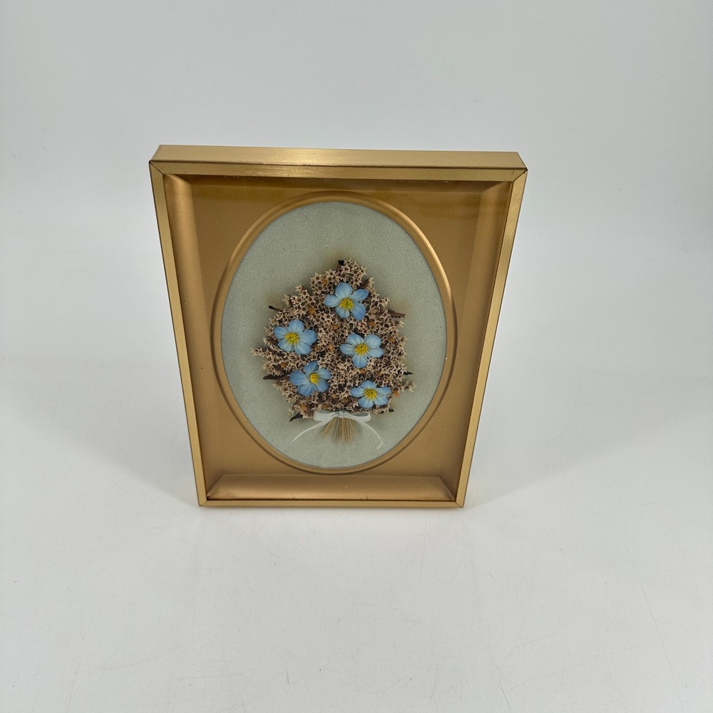 Vintage Pressed Flower Art Blue Forget Me Not Gold Frame 3D Floral Decor Small